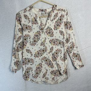Old Navy Blouse Women's XS Top White Floral Long Sleeve 1/4 Button Up Cotton